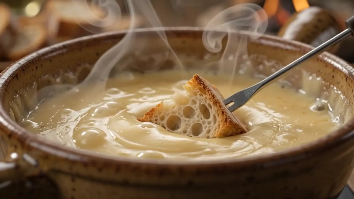 Bread cube coated in melted cheese lifted from the fondue pot
