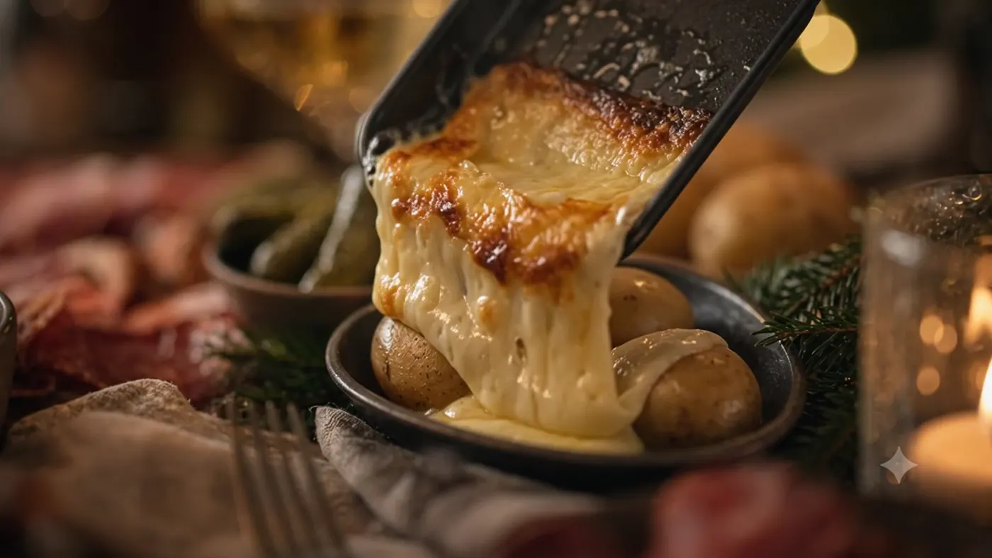 Melting raclette poured over potatoes